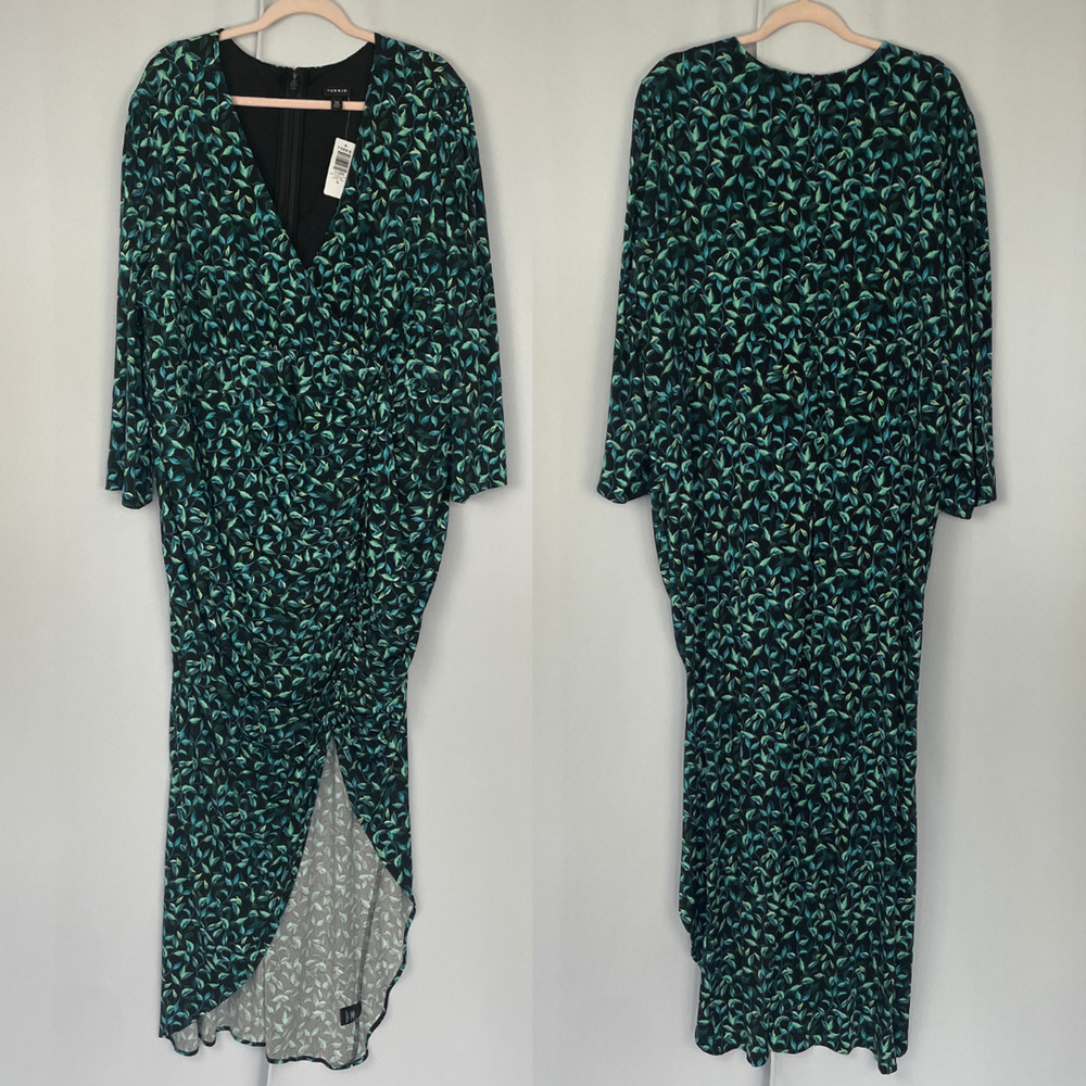 Torrid Maxi Dress Plus Size 26 Black Teal Studio Knit Ruched Stretch Party